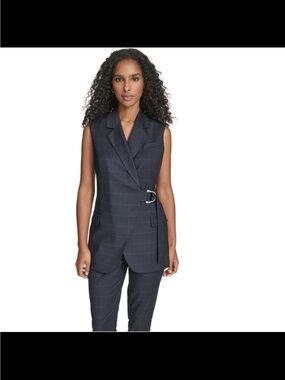 NWT Calvin Klein women’s collared windowpane vest jacket navy multi size 12